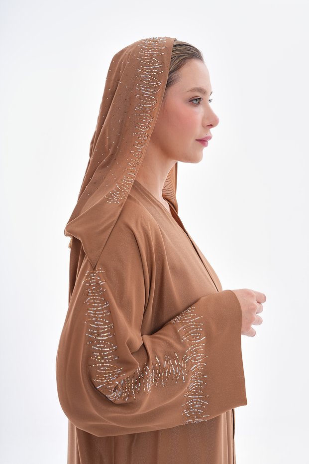Hijap Mustard Color Hooded Shimmering Fabric Stone Detailed Hidden Snap Fastener Abaya Ferace Standard 38-44