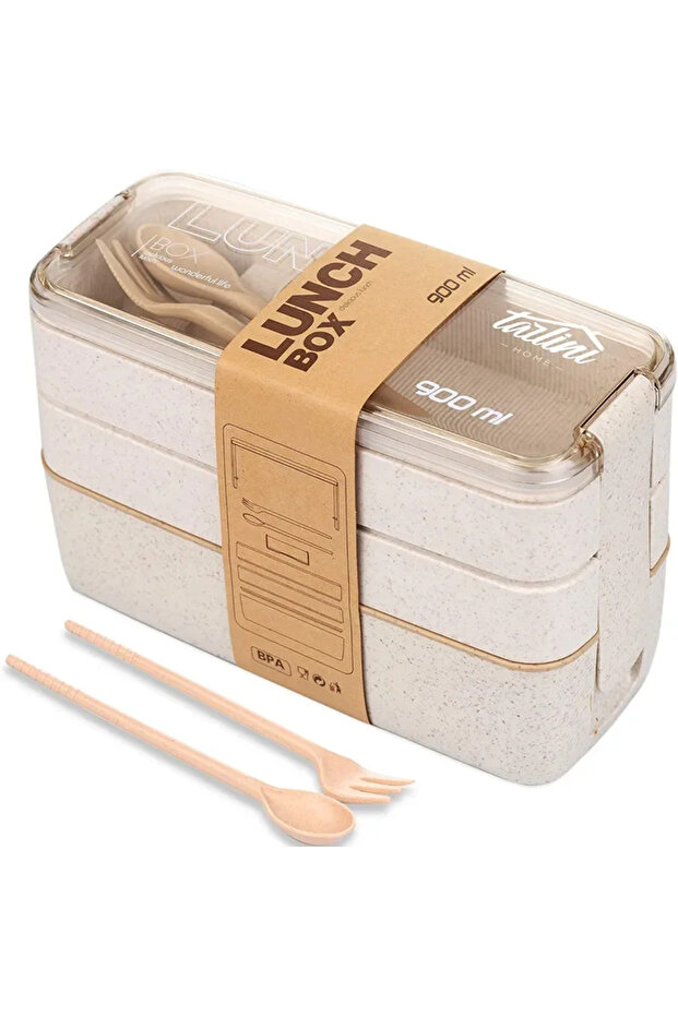 Beige 3-In-1 Compartment Wheat Straw Bento Box Reusable Tableware Lunch Containers Meal and Snack Fo