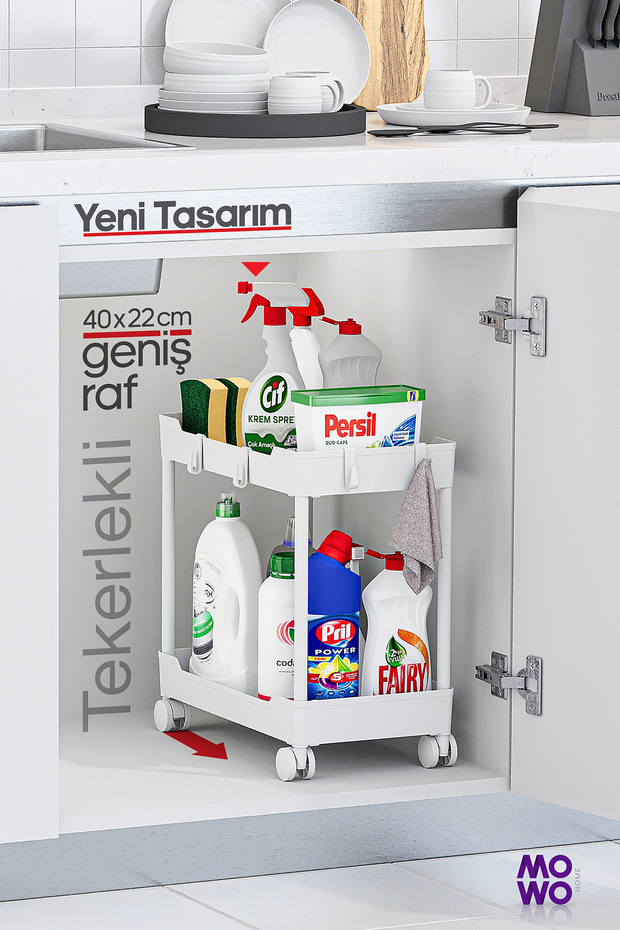 2-Tier Organizer Shelf with Wheels White, Bathroom Cabinet, Kitchen Counter and Under Sink, Detergent Holder