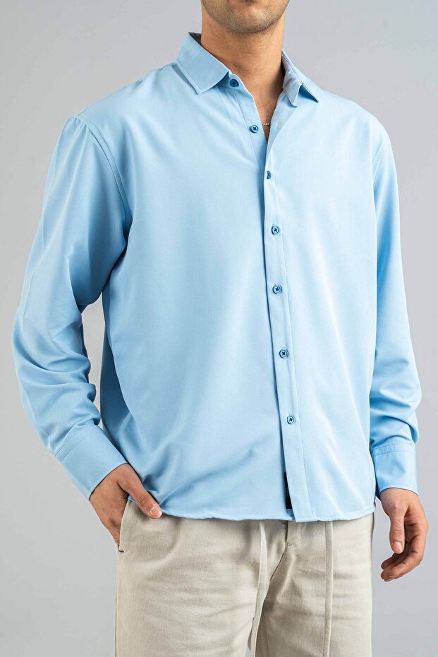 Men's Shirt Blue Slim Fit Easy-Iron Sweat-Absorbing Breathable Texture Four Seasons Oversize Classic Shirt