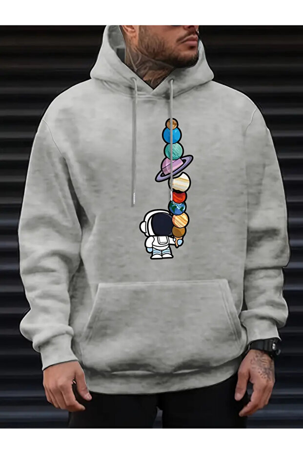 Astronaut and Planets Pattern Printed Hoodie