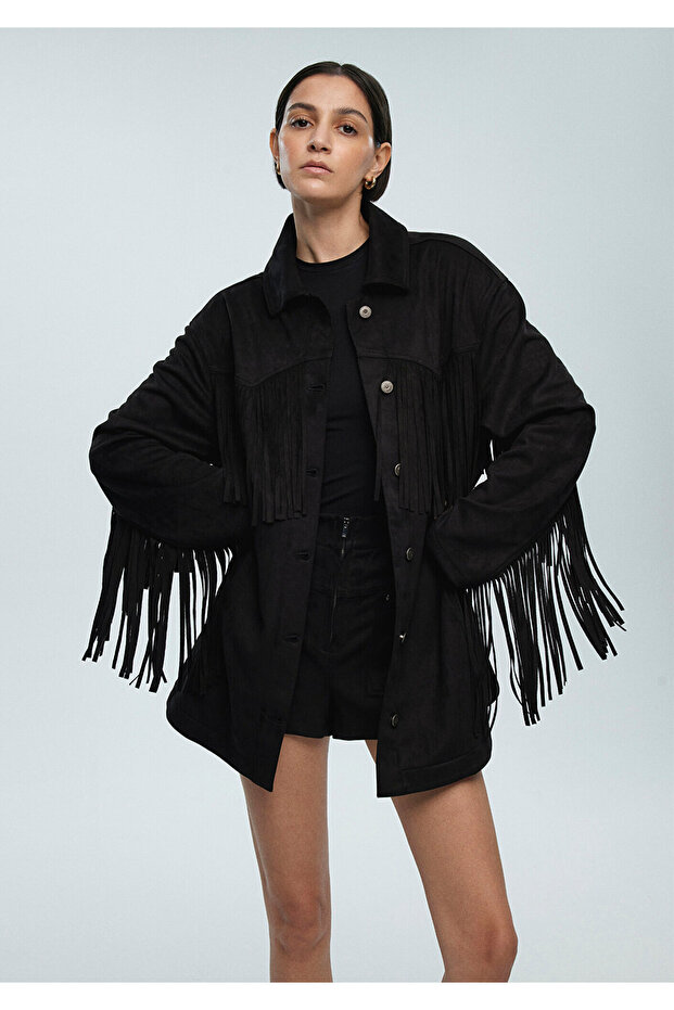 Tassel Detailed Oversize Black Shirt Oversize / Wide Cut 1211053 -900