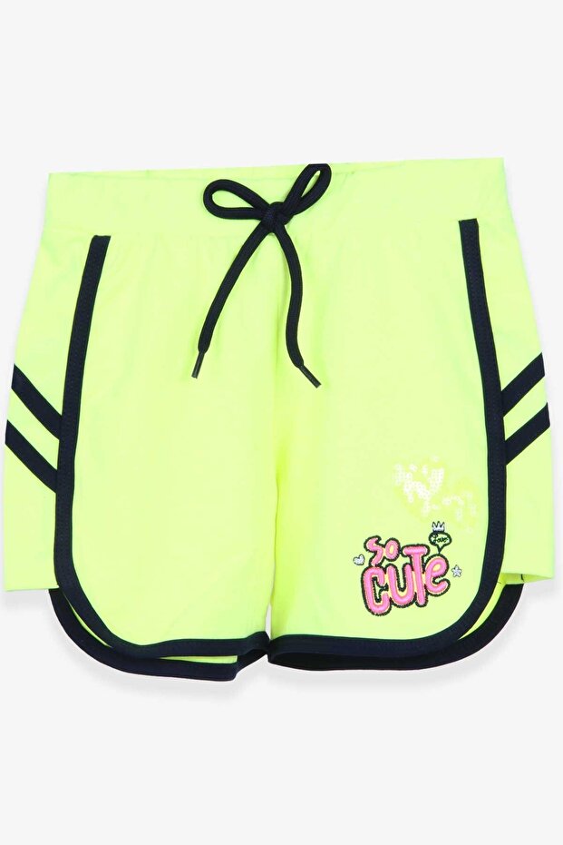 Girl's Shorts with Sequin Heart, Age 3-7, Neon Green