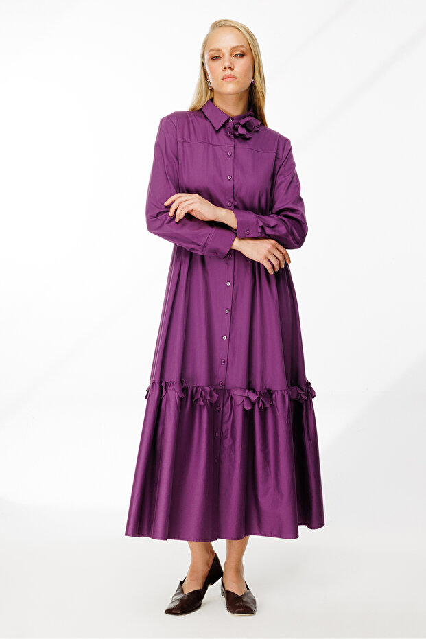 Lazer Çiçekli Gömlek Elbise MOR - 3