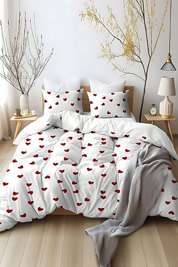 Bedding Set - with Elastic Sheets - Red Heart Pattern - Single - 4