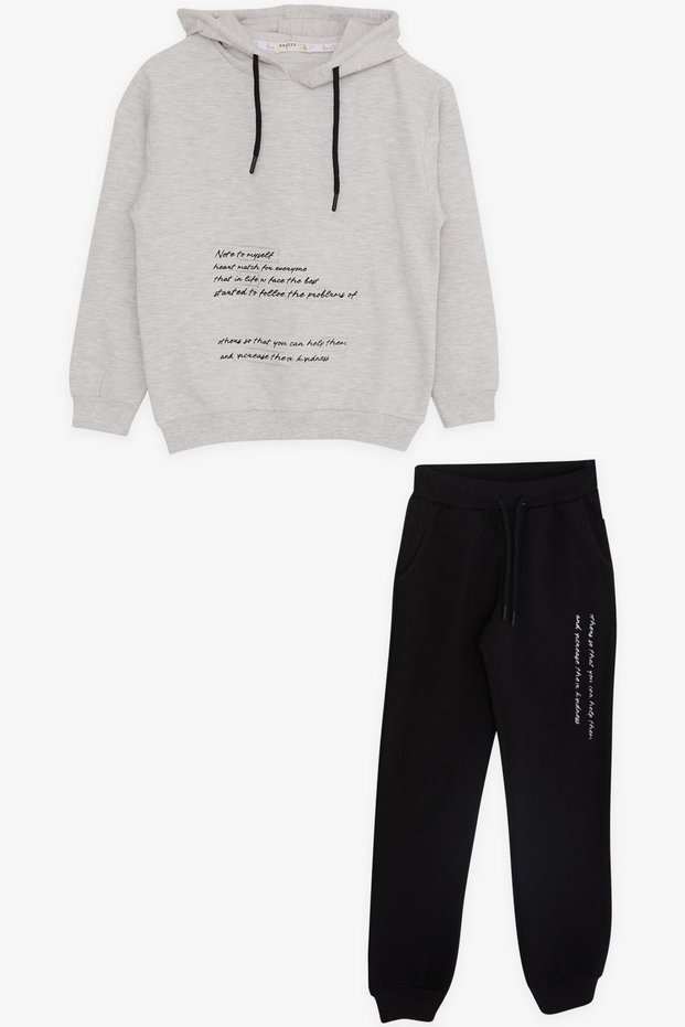 Girl's Tracksuit Set, Stony Text Printed Hoodie, Age 8-12, Beige Melange