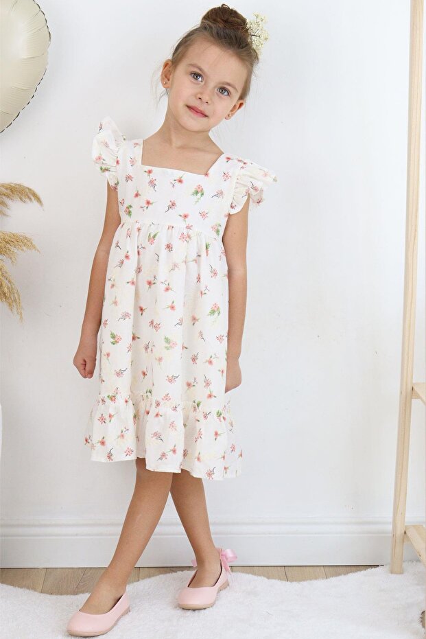 Girl's Dress Floral Frilly Embroidered 2-6 Years, Ecru