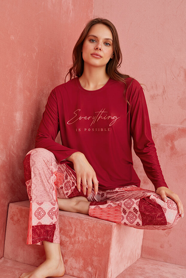 Bordo Şal Desenli Uzun Kollu Örme Pijama Takımı - 1
