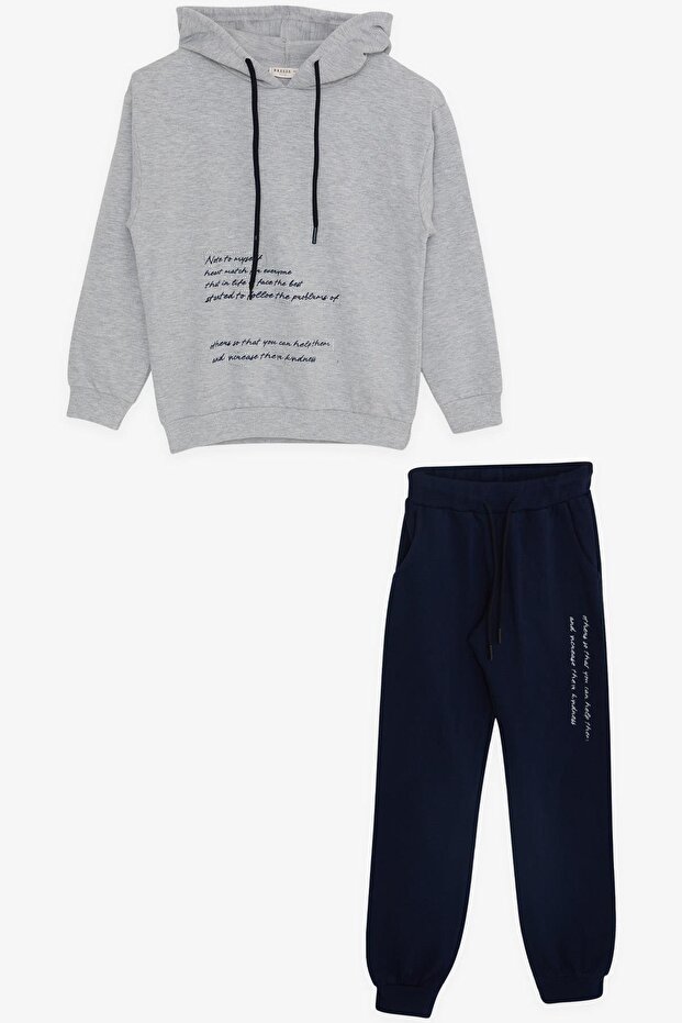 Girl's Tracksuit Set, Stony Text Printed Hoodie, Age 8-12, Gray Melange