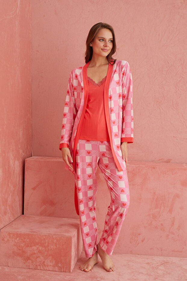 Nar Çiçeği Ekose Desenli Exclusive Örme Sabahlıklı Pijama Takımı - 2