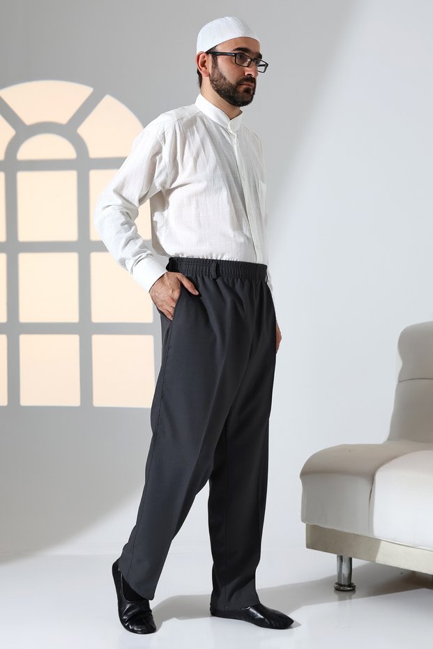 Men's Relaxed Fit Elastic Waist Pocket Hajj and Umrah Fabric Shalwar Trousers - Smoked (Isr)