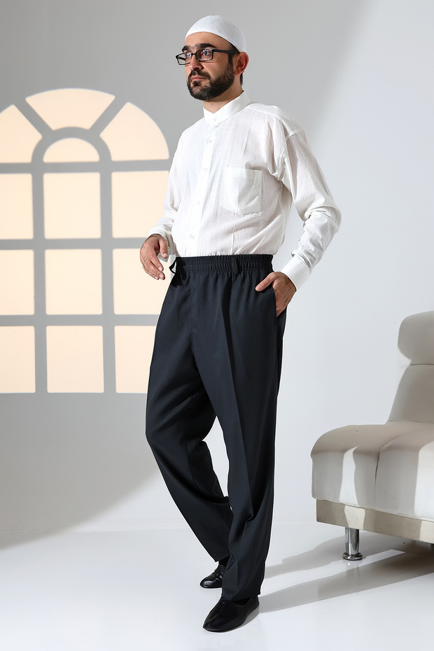 Men's Relaxed Fit Elastic Waist Pocketed Hajj and Umrah Fabric Shalwar Trousers - Anthracite (İsr)