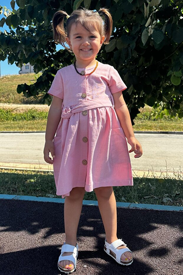 Girl's Linen Dress Buttoned Side Pockets 1.5-5 Years, Pink