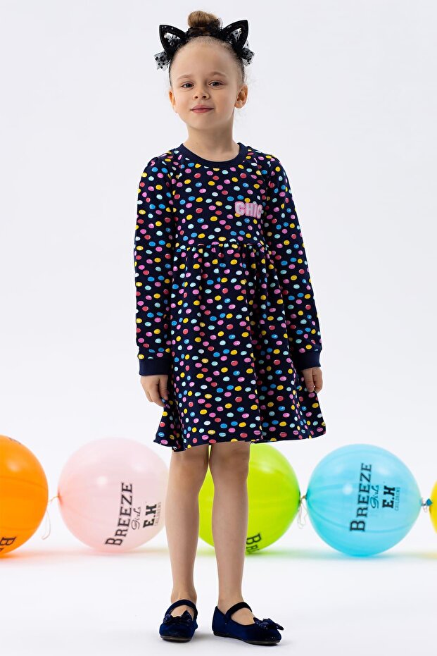 Girl's Long Sleeve Dress Colorful Polka Dot Patterned 1.5-5 Years Old, Navy Blue