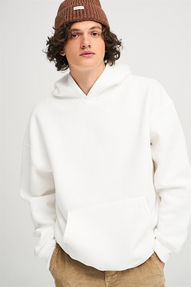 Unisex Beyaz Basic Sweatshirt Hoodie - 4