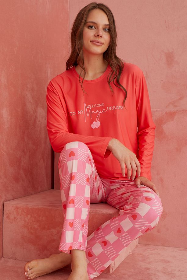 Nar Çiçeği Ekose Desenli Uzun Kollu Örme  Pijama Takımı - 1