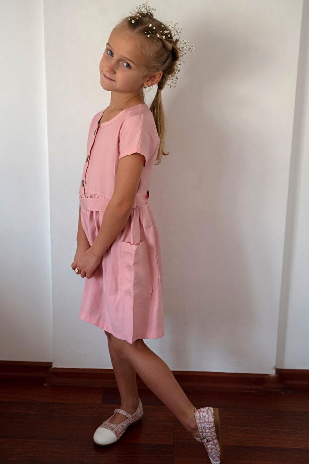 Girl's Linen Dress Buttoned with Side Pockets 6-12 Years, Pink
