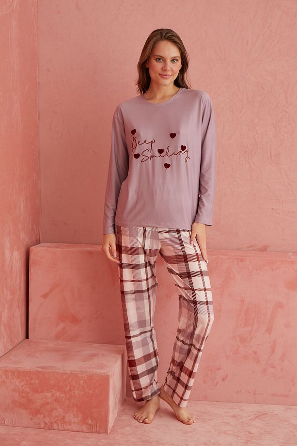 Lila Ekose Desenli Uzun Kollu Örme  Pijama Takımı - 2