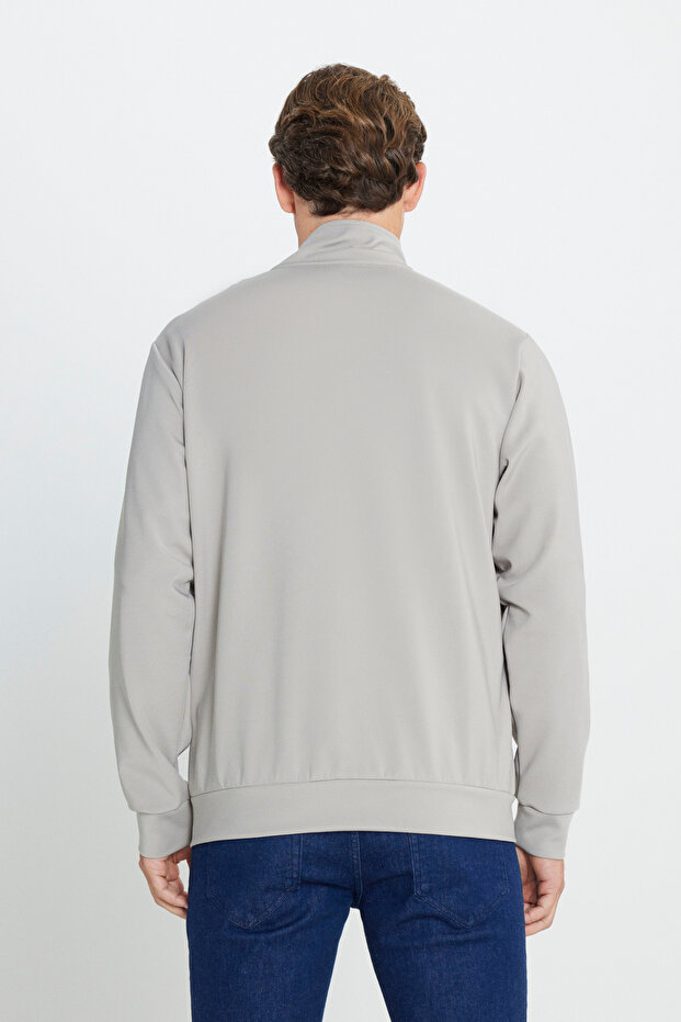 Erkek Bej Pamuklu İnterlok Kumaş Fermurlı Cepli Esnek Sweatshirt Ceket Standart Fit Dik Yaka - 5