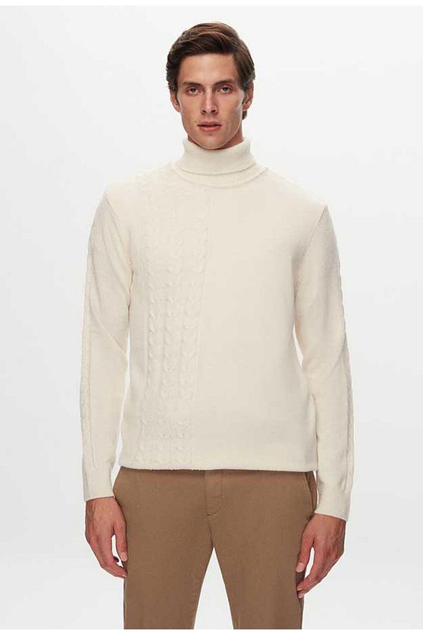Regular Fit Ekru Saç Örgü Kazak - 1