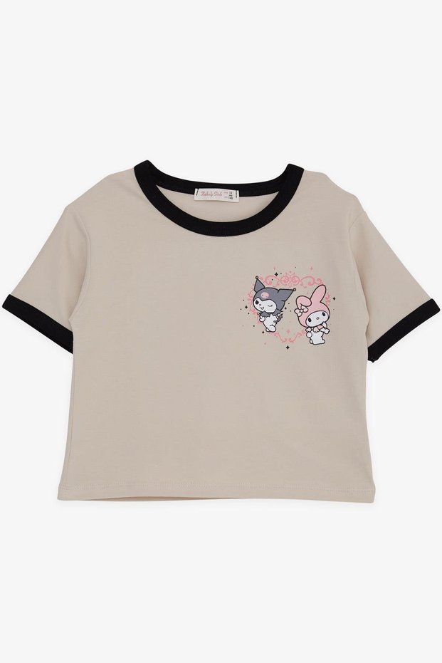 9-16 Years Old Girl Beige Crop T-Shirt - Kuromi & My Melody Printed with Movie Characters