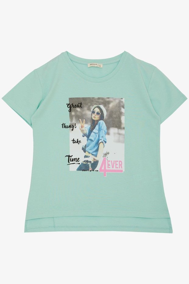 Girl's T-shirt Cool Girl Printed 8-14 Years Old, Water Green