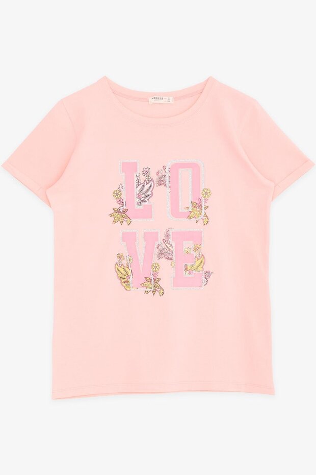 Girl's T-Shirt Glitter Text Flower Printed 10-16 Years, Salmon
