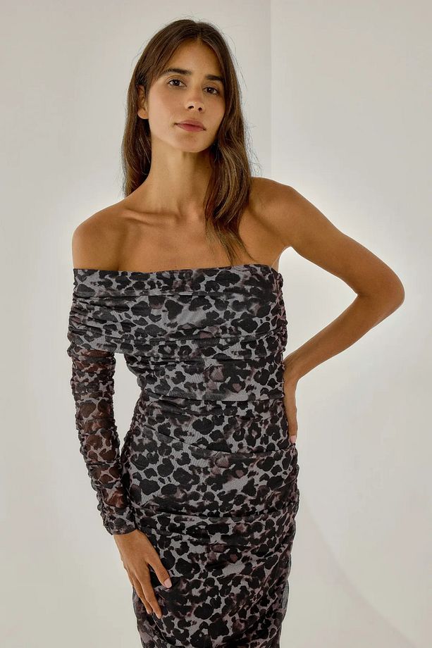 Leopar Desenli Tek Kollu Maxi Elbise - 2