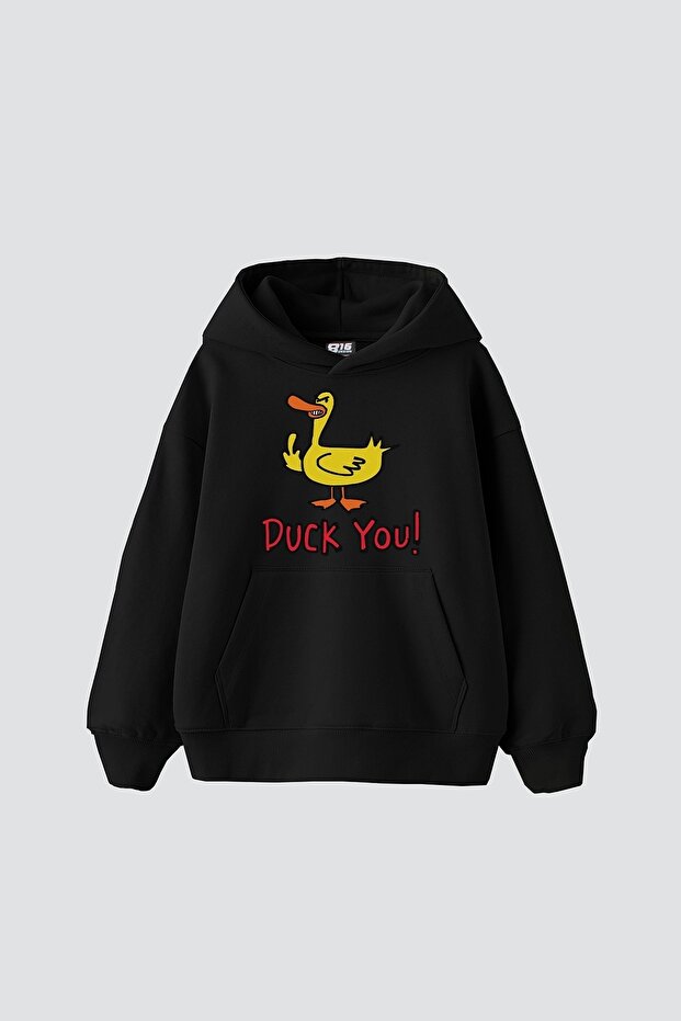 Duck You Printed Oversize Unisex Premium Black Hoodie