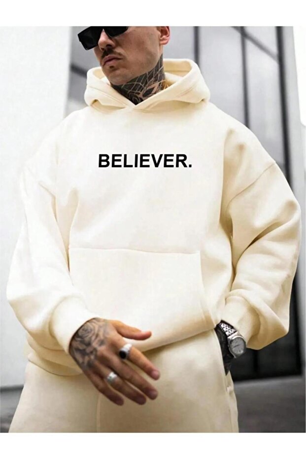 سويت شيرت بقلنسوة للرجال باللون البيج Believer مطبوع