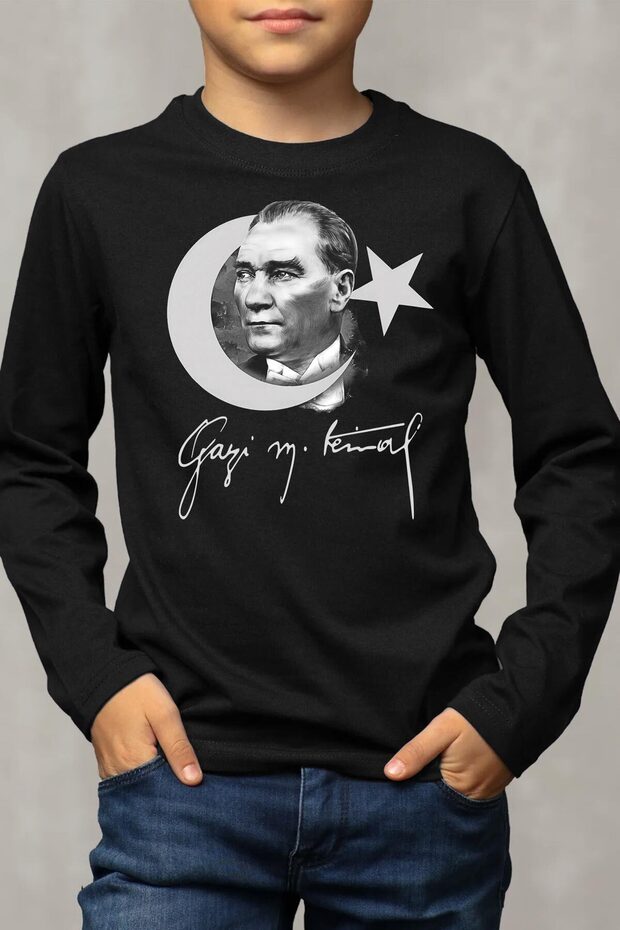 Ataturk Gazi Mustafa Kemal 10 November Turkish Flag Printed Long Sleeve Black Children's T-Shirt