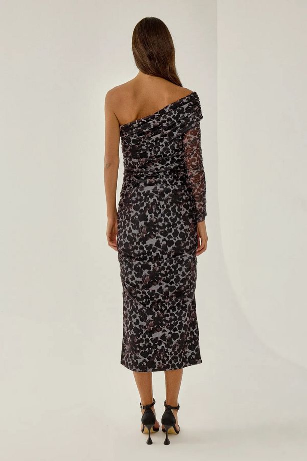 Leopar Desenli Tek Kollu Maxi Elbise - 5