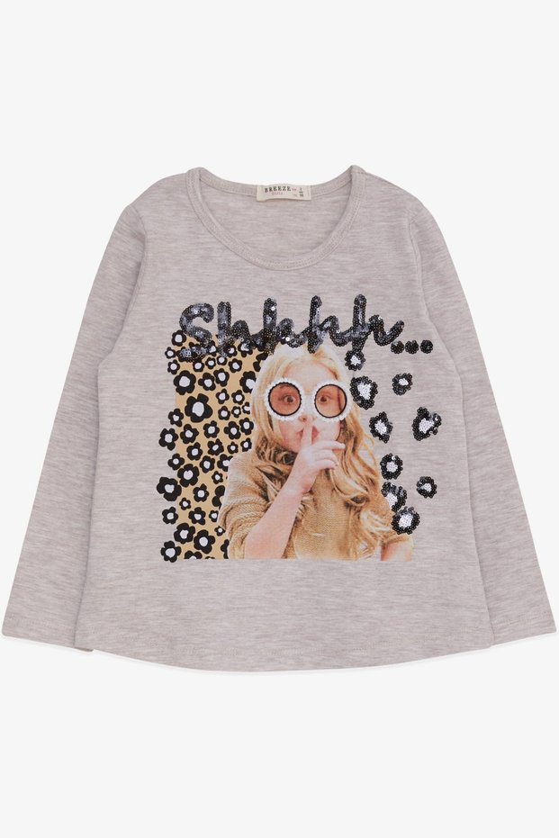 Girl's Long Sleeve T-Shirt Sequin Girl Printed 3-8 Years, Beige Melange