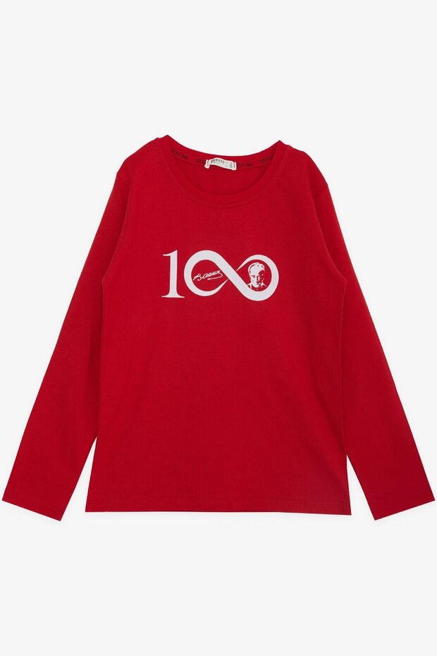 Children's Long Sleeve T-Shirt Centennial Themed Ataturk Printed 5-10 Years Old, Red