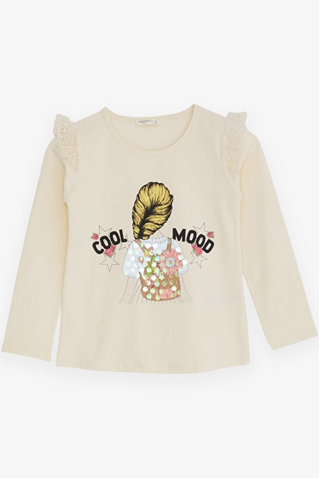 Girl's Long Sleeve T-Shirt with Laced Shoulders, Age 4-9, Cream