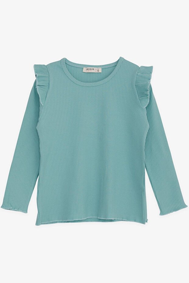 Girl's Long Sleeve Blouse Ruffled, Age 2-6, Water Green