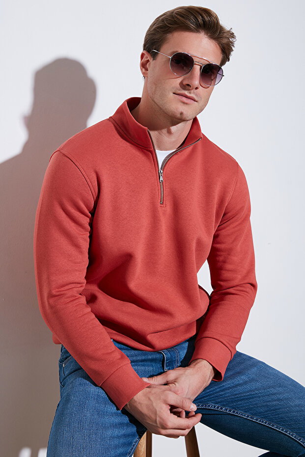 Men's Sweat 59052592 - Cotton, Half Zipper, Stand Collar Regular Fit Sweat