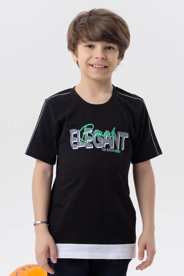 Boy's T-shirt with Text Printed 8-14 Years Old, Black