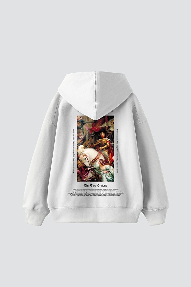 The Two Crowns Printed Oversize Unisex Premium White Hoodie
