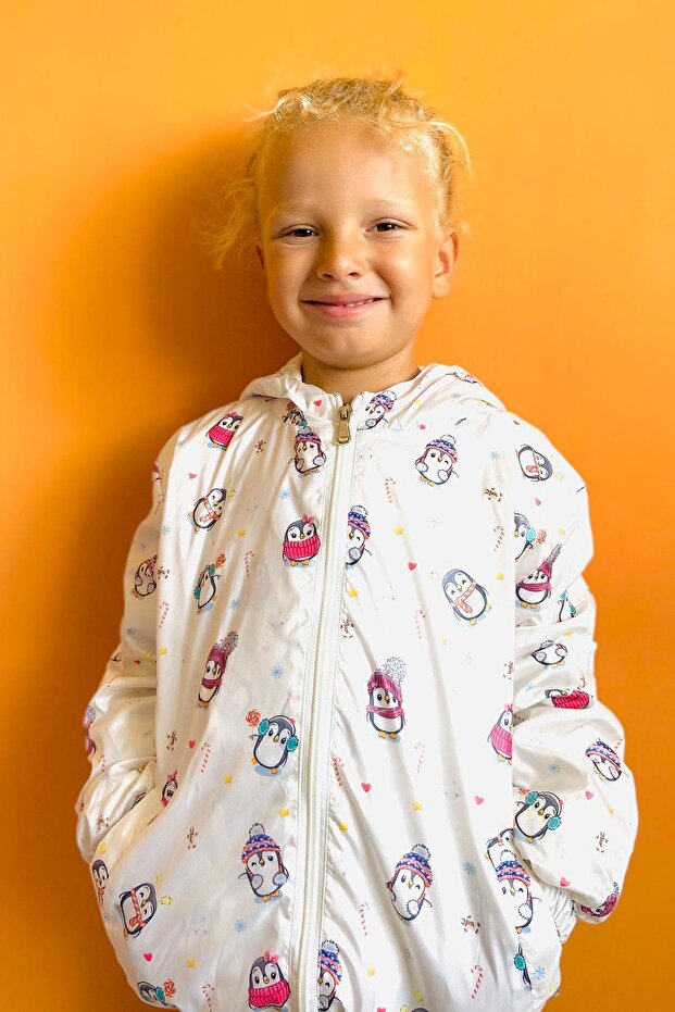 Girls & Boys Boys' Raincoat Cute Penguin Patterned Christmas Themed 1-4 Years, Ecru