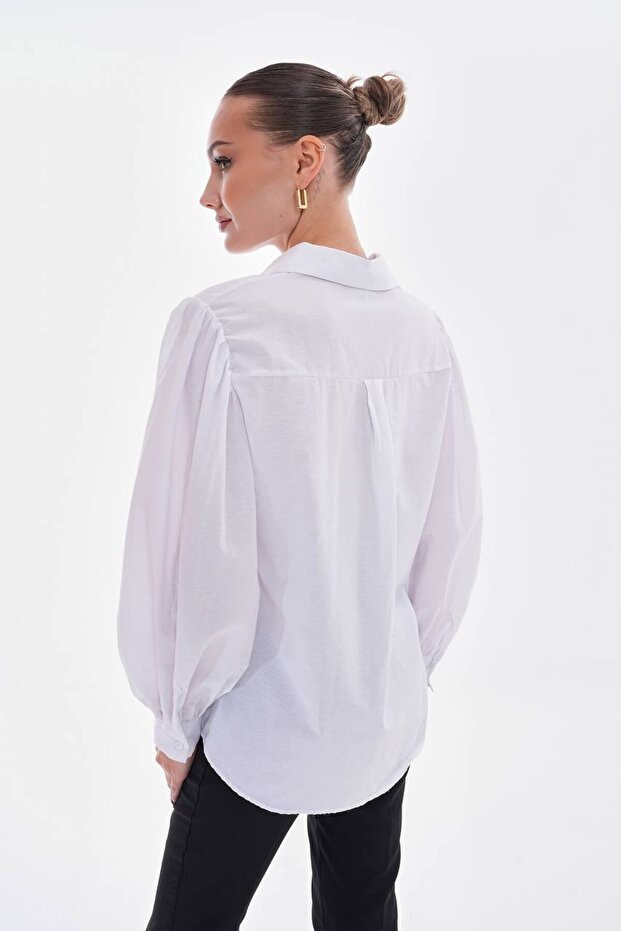 Kadın Beyaz Balon Kollu Basic Poplin Gömlek - 1