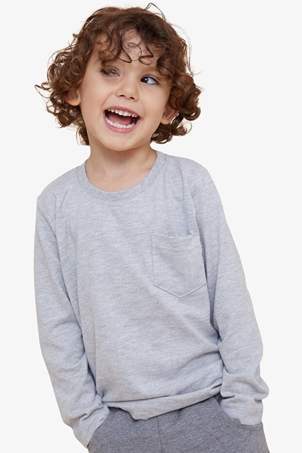 Boy's Long Sleeve T-Shirt with Pocket, Age 4-8, Light Gray Melange