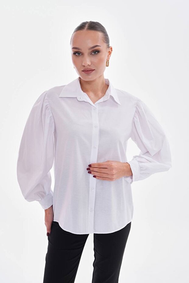 Kadın Beyaz Balon Kollu Basic Poplin Gömlek - 2