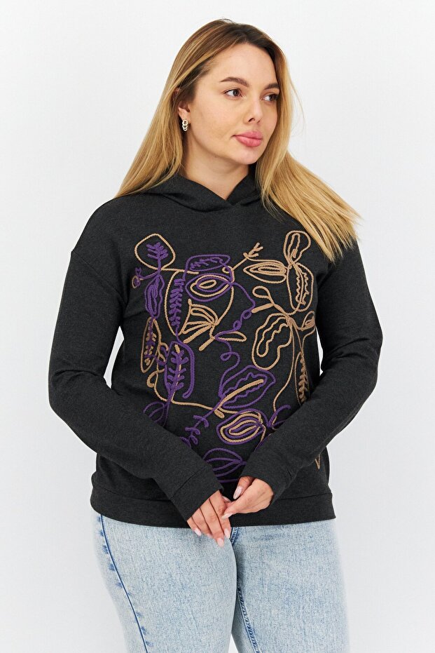 Women Hooded Long Sleeves Embroidered Sweatshirts, Black