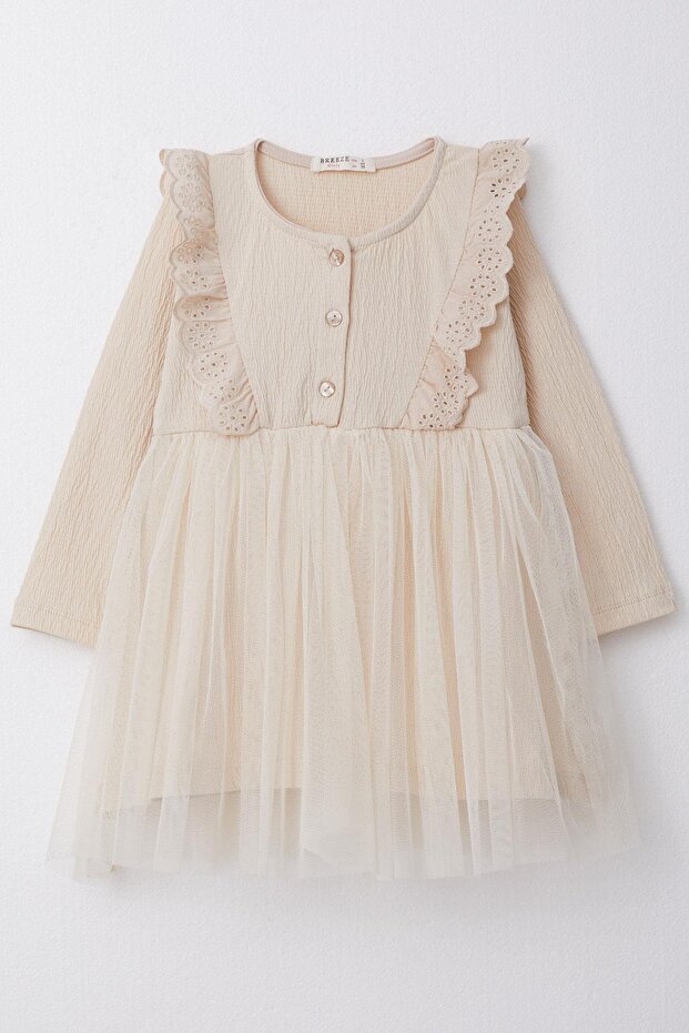 Girl's Long Sleeve Dress with Laced Buttons, Ages 1.5-5, Beige