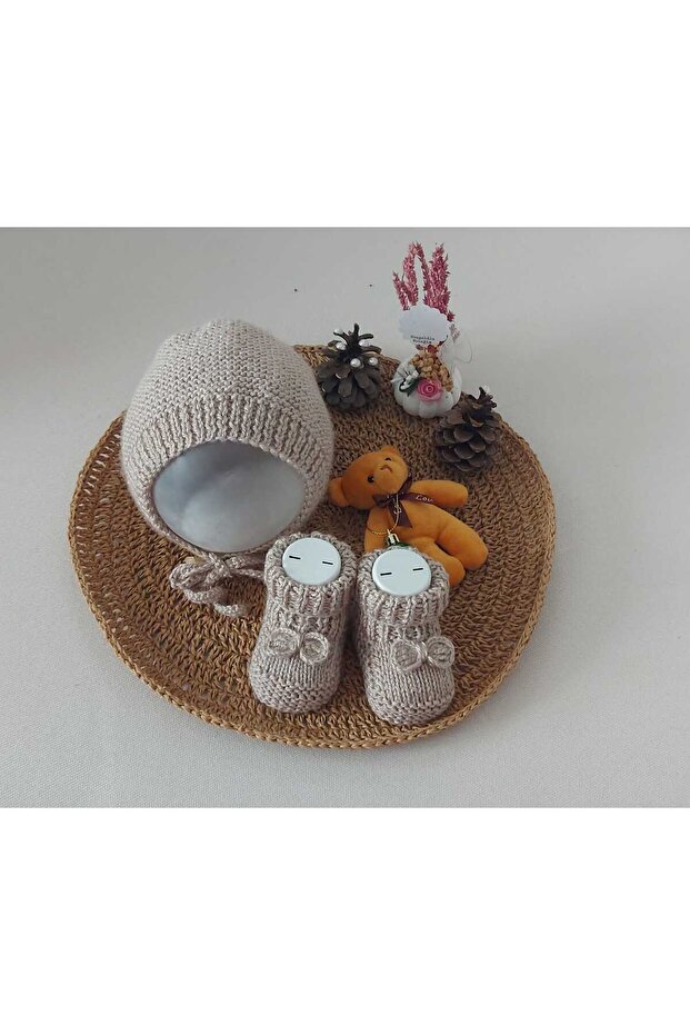 Beige Newborn Gift Baby Hand Knitted Cotton Lora Hat Booties Birth Anniversary 0-12 Months