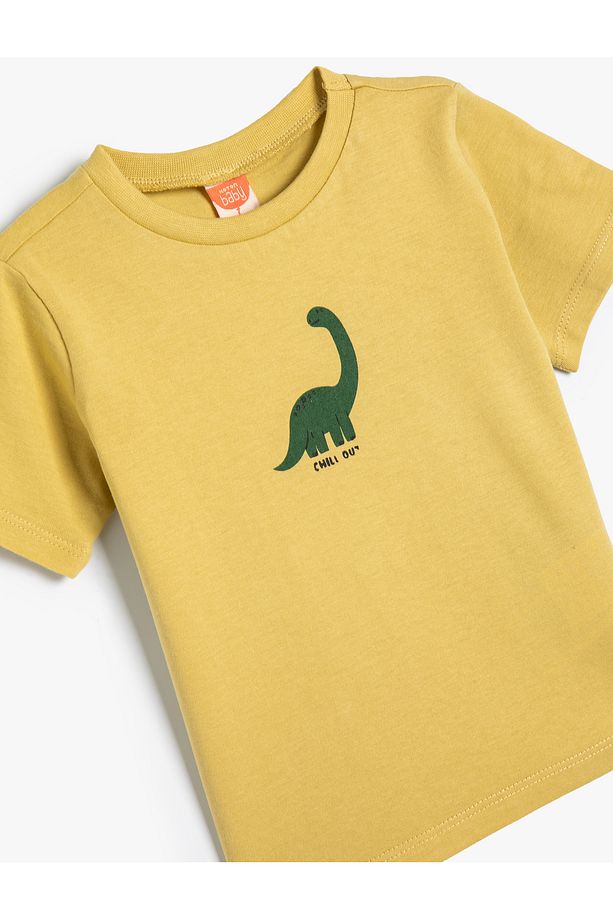 Tişört Dinozor Baskılı Kısa Kollu Bisiklet Yaka Pamuklu - 3