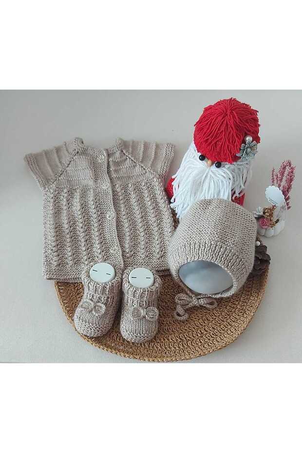 Beige Newborn Gift Baby Hand Knitted Cotton Vest Lora Hat Booties Triple Set 0-12 Months