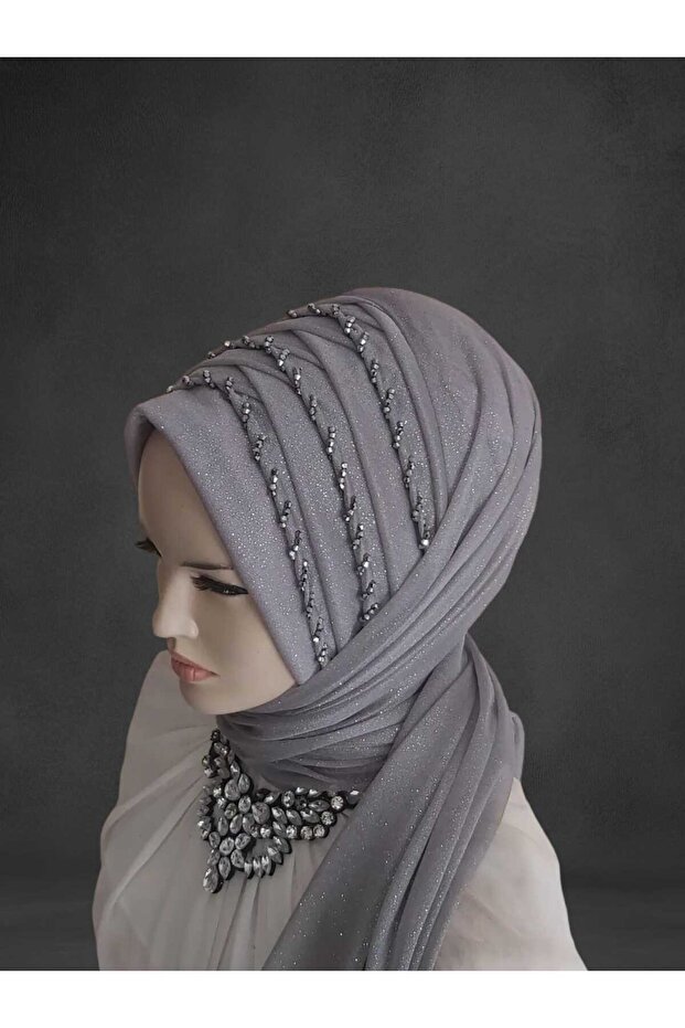 Silvery Light Gray Embroidered Ready Turban Ready-Made Shawl Ready-Made Veil