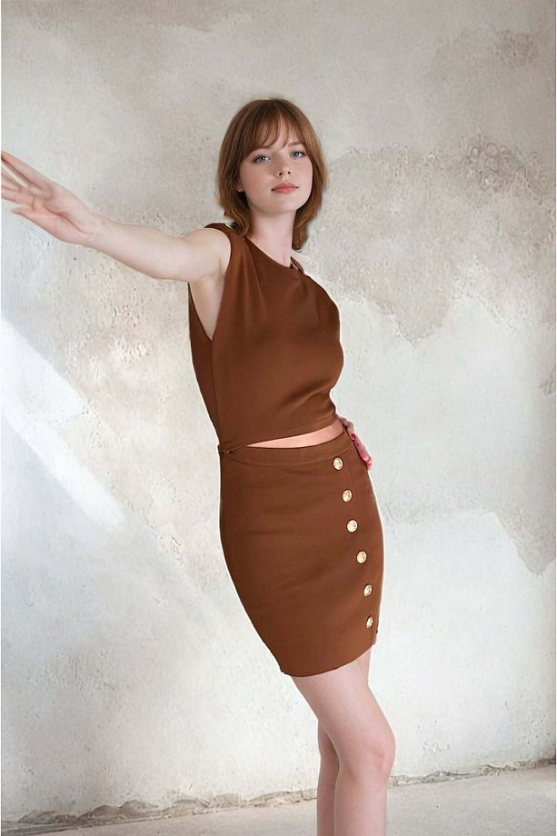 Taba Çıt Çıtlı Ayrılabilir Örme Elbise - 1